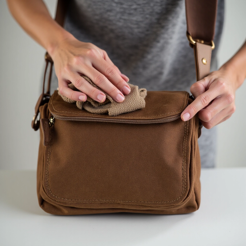 Hands cleaning and maintaining waxed canvas bag with natural cloth, showing proper care techniques for preserving material quality
