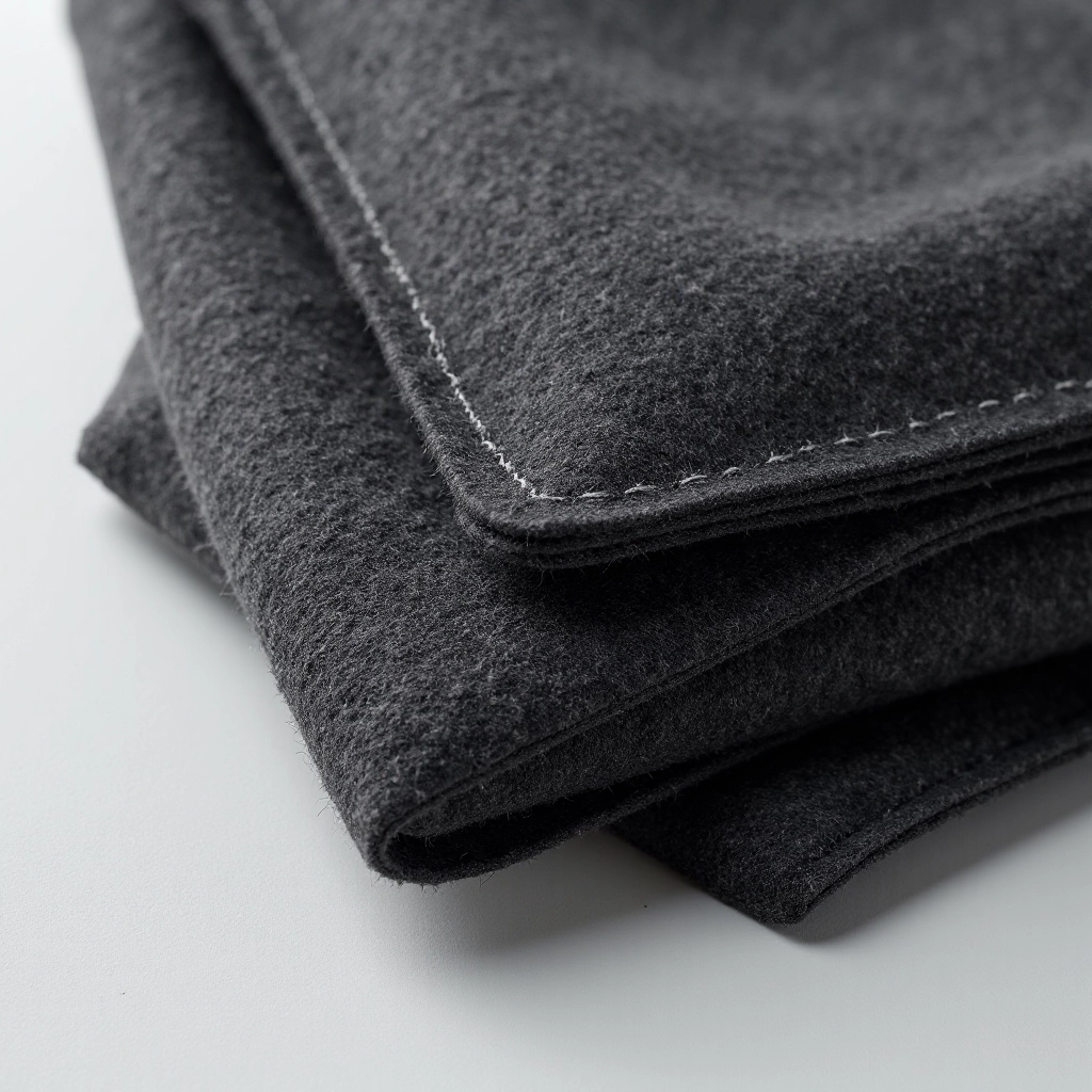 Close-up of charcoal wool felt texture showing dense weave and quality craftsmanship detail