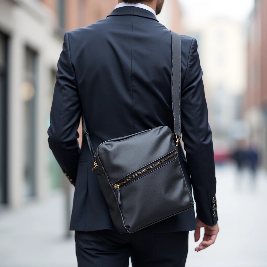 Person wearing crossbody commuter bag while walking through urban environment, demonstrating comfortable strap positioning and hands-free carrying