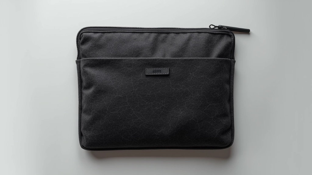 Laptop sleeve in charcoal wool felt with protective padding, flat lay photography