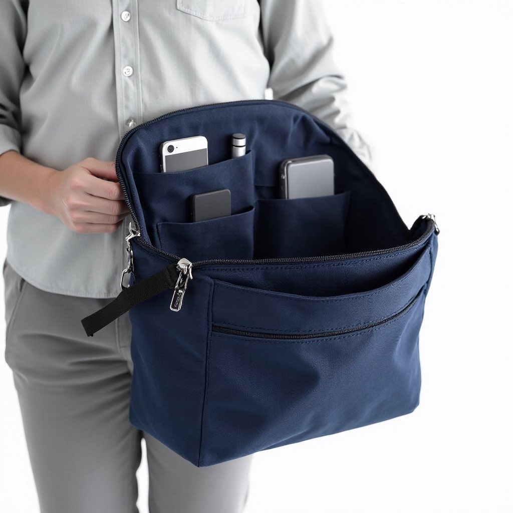 Navy canvas organizer pouch open, displaying interior compartments with cables, earbuds, and USB devices neatly organized