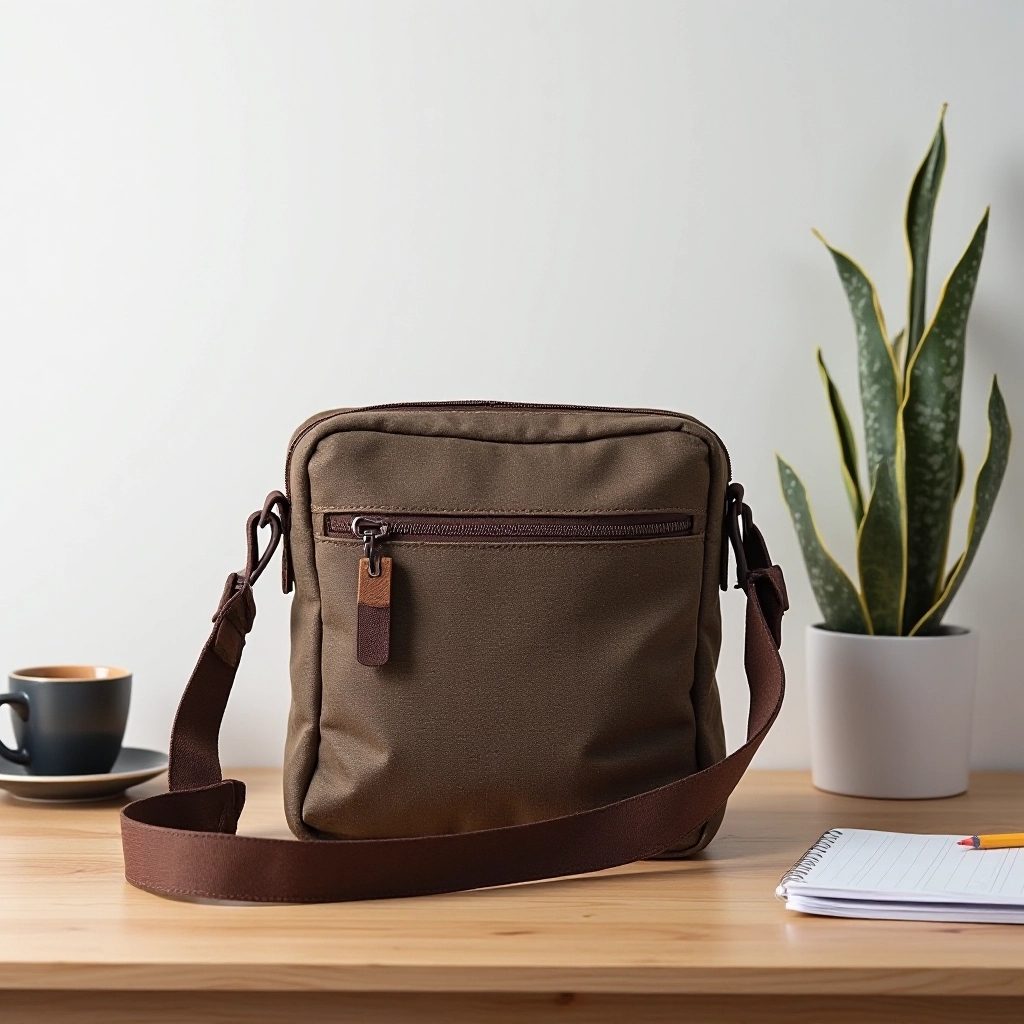 Waxed canvas crossbody bag displayed on desk with coffee cup and workspace items, showing organizational pockets and patina development